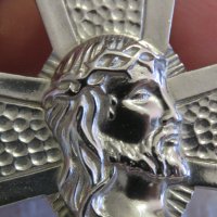 Голям старинен  мъжки сребърен кръст с лика и трънния венец на главата на Исус Христос , разпятие , снимка 2 - Колиета, медальони, синджири - 31928907