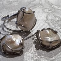 Сребърен комплект обеци с пръстен с натурални перли , снимка 1 - Бижутерийни комплекти - 44231258