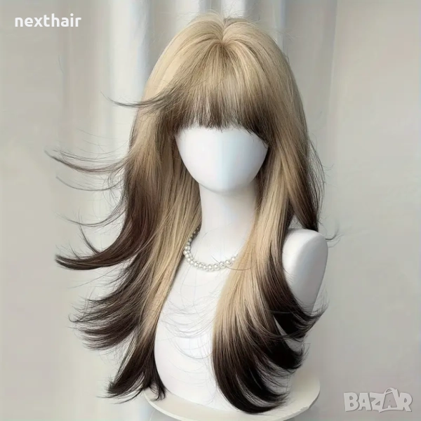 Омбре руса перука с тъмни краища и бретон, снимка 1