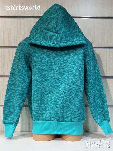 Нов детски изчистен суичър в цвят зелен меланж с качулка, снимка 1