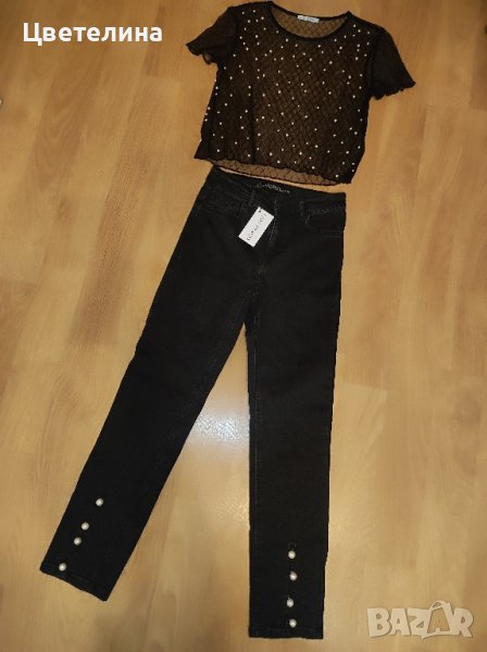 Дамски черни дънки от варен памук с перли на LC WAIKIKI размер S/34 цена 35 лв., снимка 1