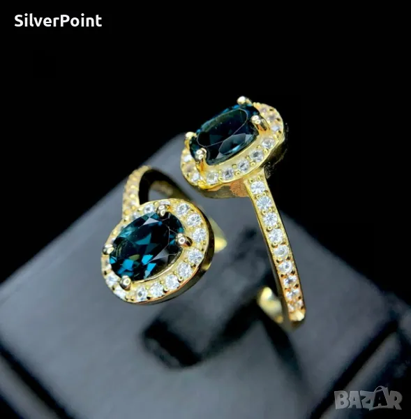 Сребърен пръстен с натурални Лондон блу Топази , снимка 1
