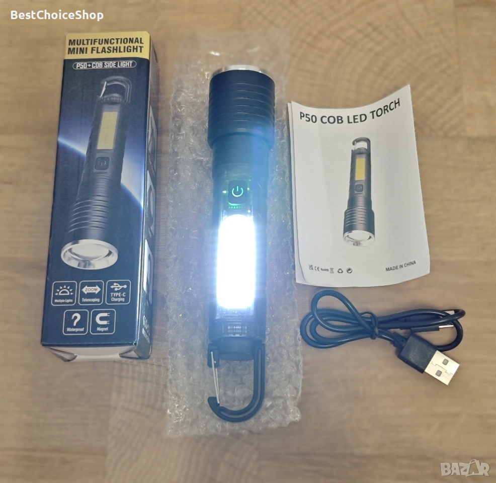P50 COB LED акумулаторно мини фенерче, странична COB светлина, Type-C зареждане, снимка 1