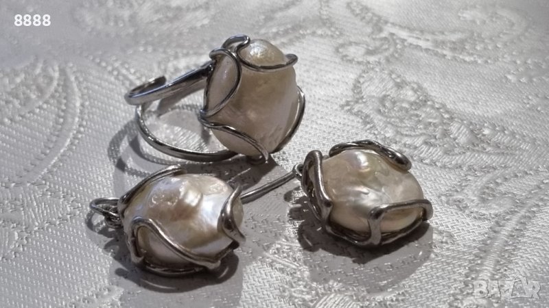 Сребърен комплект обеци с пръстен с натурални перли , снимка 1