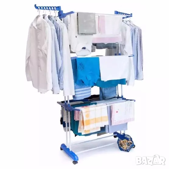 Голям Сушилник за дрехи - сгъваеми 3 нива и 2 закачалки, Стоманени тръби, На колелца, снимка 1