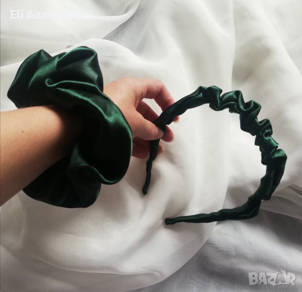 Набрана диадема + скрънчи - тъмнозелен сатен, снимка 1