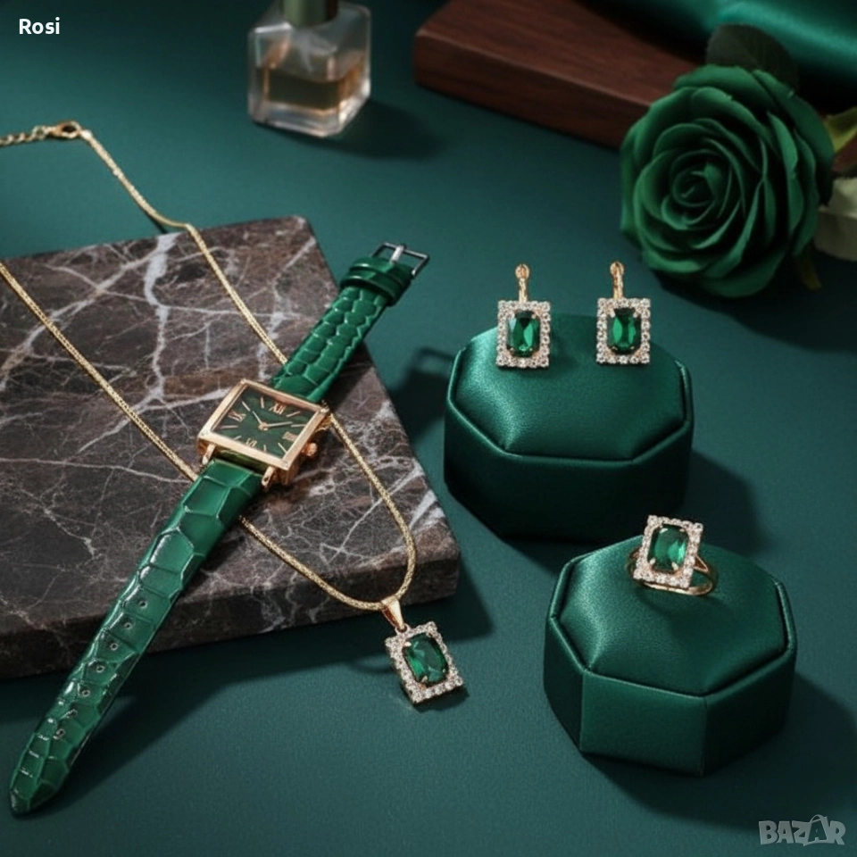 Елегантен комплект часовник и бижута с зелени кристали и златист корпус, снимка 1