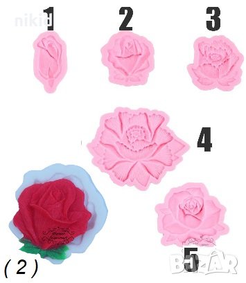 5 различни рози Роза божур силиконов молд форма декорация украса фондан торта гипс шоколад, снимка 1 - Форми - 29792426