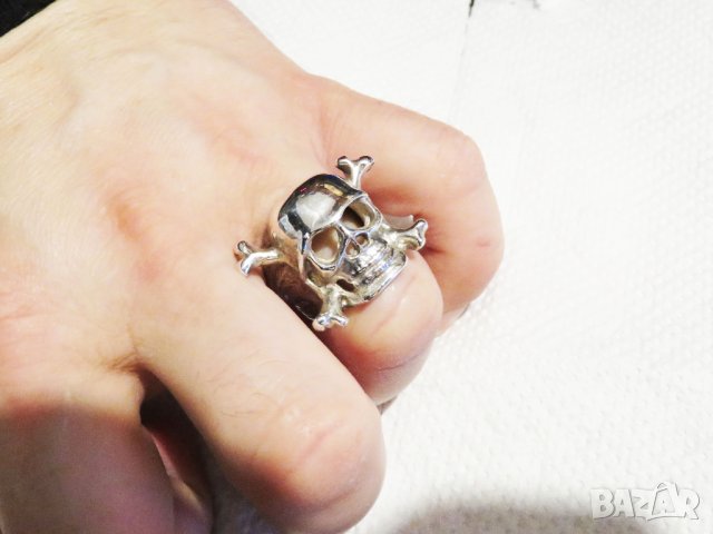 стар мъжки сребърен пръстен, рокерски пръстен солиден с череп сребро, снимка 4 - Пръстени - 31305757