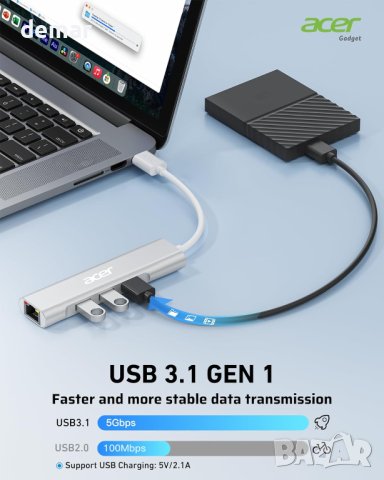 Acer USB C към Ethernet адаптер, 4-в-1 USB C хъб с 3 USB A 3.1 и 1Gbps RJ45 мрежа, снимка 4 - Кабели и адаптери - 44480483