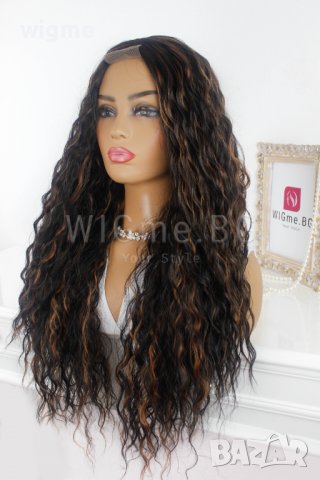 Дълга обемна чуплива тъмнокестенява перука със светлокестеняви кичури Елина, снимка 6 - Аксесоари за коса - 37939451