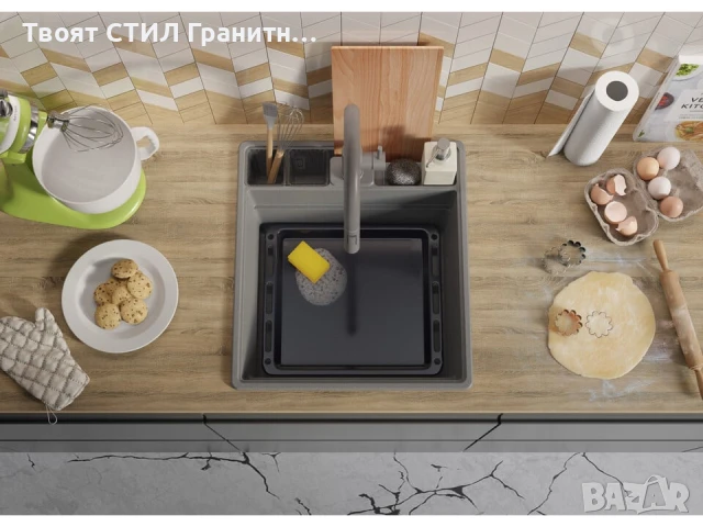 Сива кухненска гранитна мивка Ню Йорк 50 Multispace 480 x 530 мм, снимка 8 - Мивки - 51286150