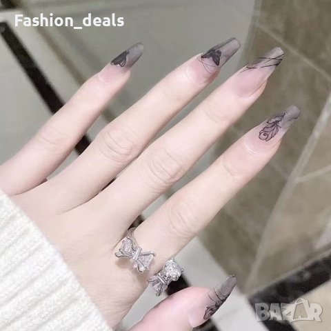 Нов комплект Фалшиви нокти 24 броя за маникюр средна дължина с Пеперуда Роза, снимка 4 - Други - 39907045