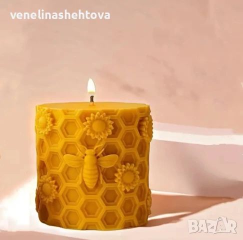3D цилиндър пчелна пита килийки с пчеличка и цветя Силиконов молд форма за свещи гипс сапун смола , снимка 2 - Форми - 50706270