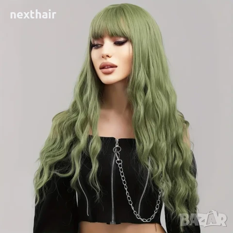 Зелена аниме къдрава перука с бретон, снимка 2 - Аксесоари за коса - 50479162