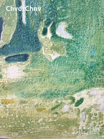 70х40см/абстрактна стара картина масло върху платно/ексресионизъм/зелена вода/дървена рамка, снимка 3 - Картини - 51432205
