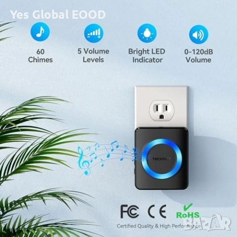 TECKNET безжичен звънец 400 м с 60 мелодии водоустойчив, снимка 2 - Друга електроника - 53243761