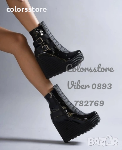 Боти на платформа - черен лак - B2001