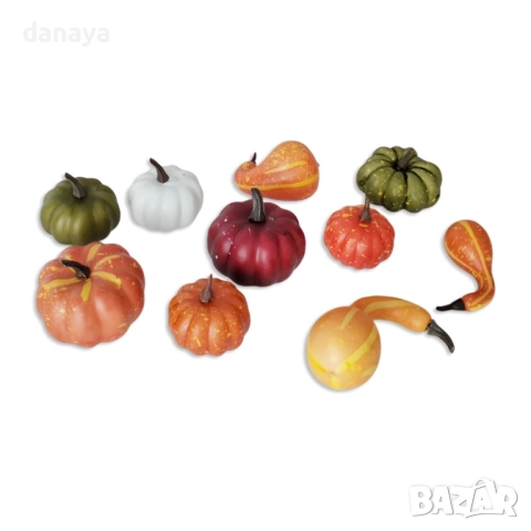 6067 Изкуствени тикви за есенна украса, комплект мини тикви, 10 броя, снимка 4 - Изкуствени цветя - 51703401