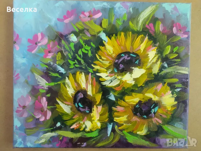 Рисувана картина Слънчогледи, маслени бои, снимка 3 - Картини - 48730836