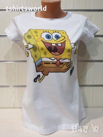Нова дамска бяла тениска с дигитален печат Спондж боб, SpongeBob, снимка 7 - Тениски - 35577712