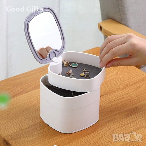 Въртяща се кутия органайзер за бижута , Бяла/Розова , с огледало, снимка 3 - Други - 39358885
