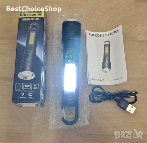 P50 COB LED акумулаторно мини фенерче, странична COB светлина, Type-C зареждане
