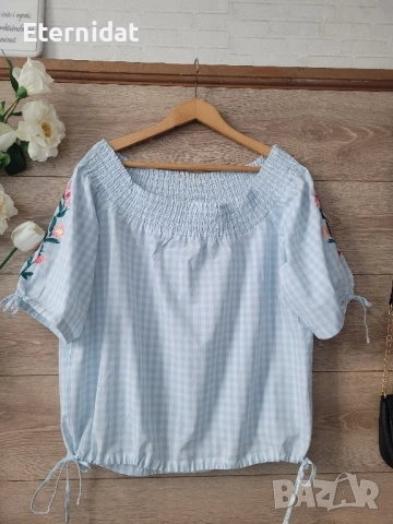 Дамска блуза с бродерии бяло и син, снимка 4 - Тениски - 51802826