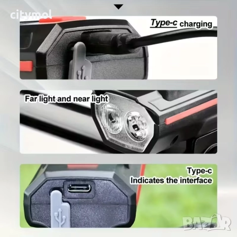 Соларен фар, задна светлина и клаксон за велосипед/скутер, двойна светлина, акумулаторна батерия, снимка 7 - Аксесоари за велосипеди - 51831001