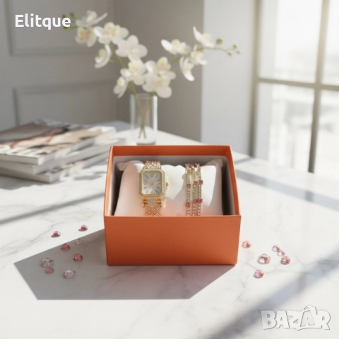 Луксозен дамски комплект: часовник и гривни в златист цвят, снимка 5 - Гривни - 52561508