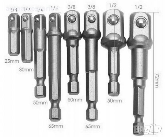3000053584 Комплект адаптери за бормашина ,пробивна машина или битове, 1/4 ", 3/8", 1/2, 8 Броя, снимка 2 - Аксесоари и консумативи - 37112114