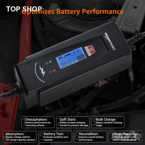 Amazon Basics 2A/4A Автоматично смарт 6V/12V зарядно устройство за батерии с функция за тестване, снимка 4 - Аксесоари и консумативи - 49965369