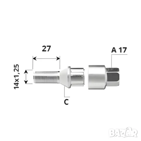 Комплект външни секретни болтове за джанти M14x1.25, 27 мм, конусно легло за BMW