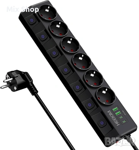 Индивидуално превключващ се разклонител с 6 контакта и 3 USB-A и 1 USB-C