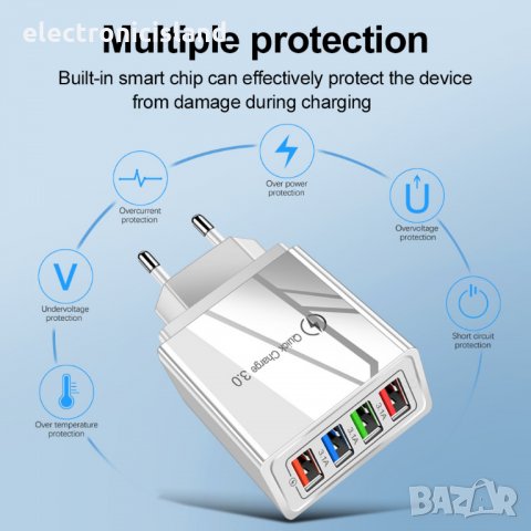 Бързо USB зарядно за смарт телефон 3А QC 3.0 4xUSB извода, снимка 5 - Оригинални зарядни - 29399882