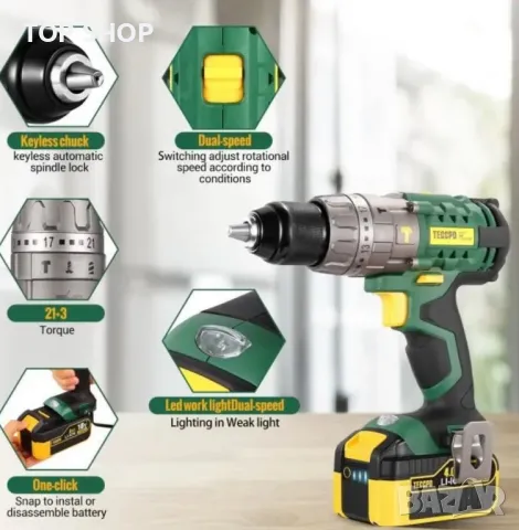 TECCPO TDHD01P Акумулаторен ударен винтоверт 18V/4.0Ah батерия/60Nm/бързо зареждане-30 мин, снимка 4 - Винтоверти - 49308527