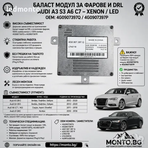 Баласт Модул за Фарове Audi A3 S3 A6 C7 DRL Ксенон 4G0907397Q 4G0907397P monto.bg, снимка 2 - Части - 55743082