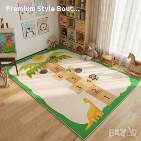 Детски килим за игра 120х160см - Бял килим с динозавър и дама-палма, противоплъзгащ и миещ се, снимка 5 - Други стоки за дома - 53882026