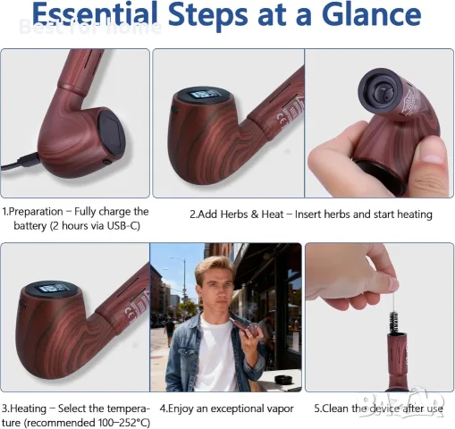 KinZon Jupiter Retro Pipe Vaporizer за сухи билки, 0.66" OLED дисплей с вибрация, прецизен контрол , снимка 5 - Други - 55867084