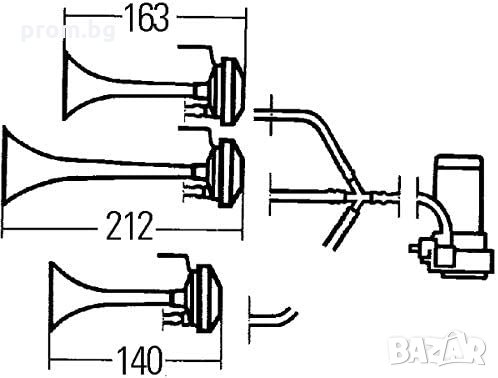 въздушни тромби 3 бр., клаксон, фанфари, 12V, 118dB (A), Hella Германия, снимка 3 - Аксесоари и консумативи - 31096743