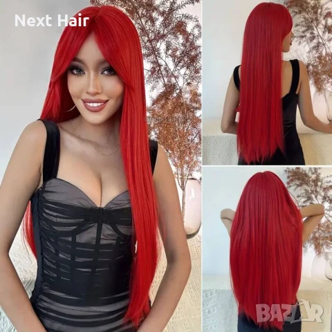 80 см Ярко червена права синтетична перука с дълъг бретон