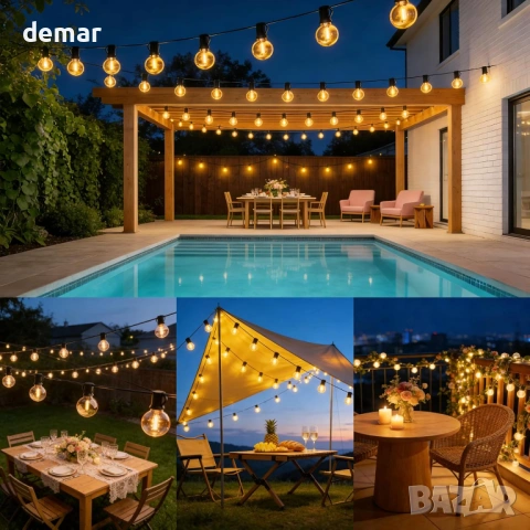 Соларни гирлянди за градина, 10 метра, IP65 LED крушки G40, дистанционно, снимка 7 - Соларни лампи - 54109049