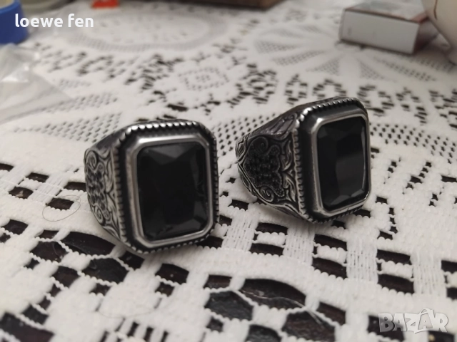 Голям красив мъжки пръстен неръждаема стомана с правоъгълен черен камък