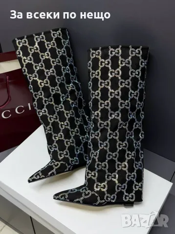 Gucci Луксозни Дамски Черни Високи Ботуши С Бляскави Камъни И Елегантен Заострен Връх Код SEM-845, снимка 6 - Дамски ботуши - 56148436