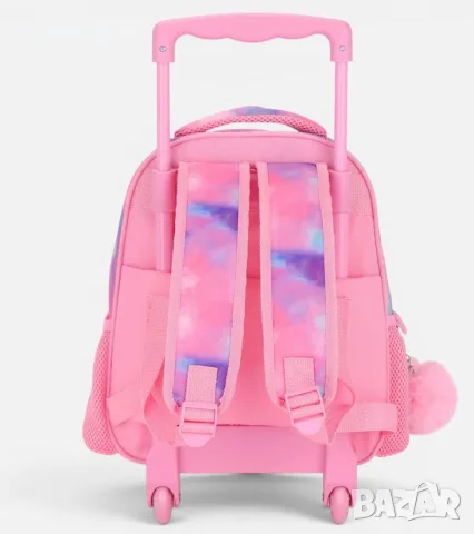 Ученическа раница с колелца за детска градина, розова Tie Dye с коте, 26.5x11.5x33cm, снимка 3 - Раници - 55941761