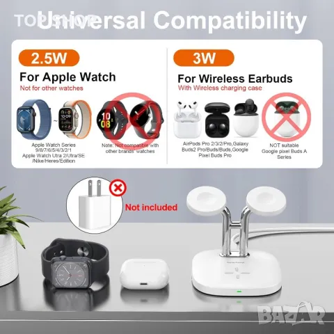 3 в 1 станция за безжично зареждане, съвместима с Apple Watch, снимка 8 - Безжични зарядни - 49546407