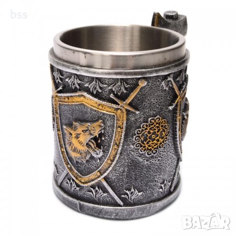 Код 94170 Стилна чаша от полирезин с релефни декорации - герои, мечове, щитове и брадва, снимка 2 - Чаши - 37030367