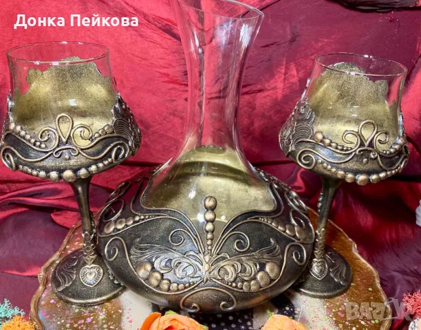 Сервиз за вино в злато - ръчна изработка, снимка 2 - Сервизи - 49301248