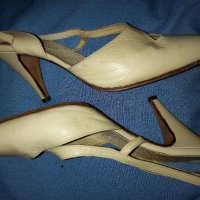 Бежови елегантни, кожени сандали, снимка 1 - Дамски елегантни обувки - 34198648