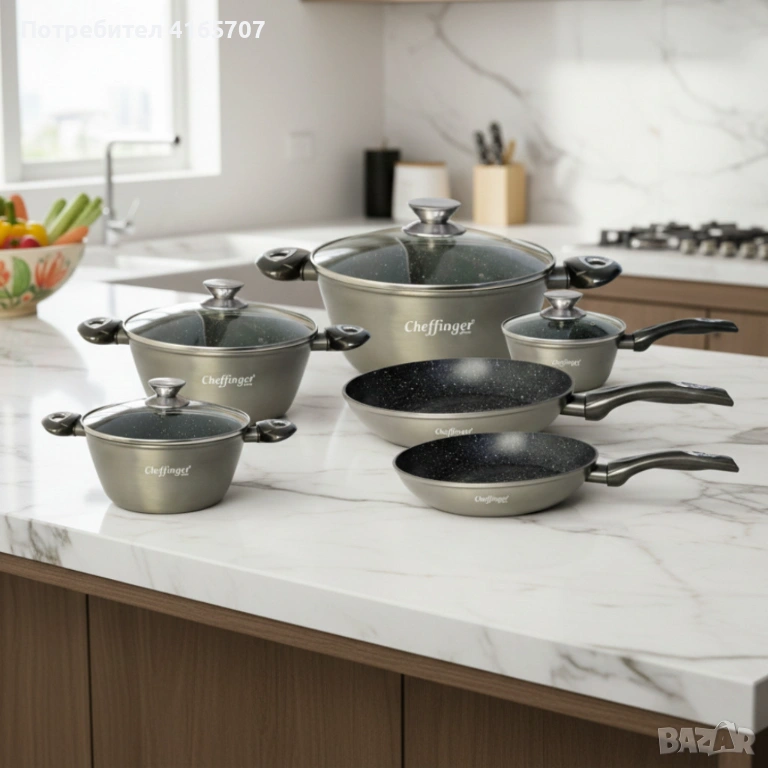 Комплект съдове за готвене Cheffinger от лят алуминий с мраморно покритие – 10 части, индукционни, н, снимка 1